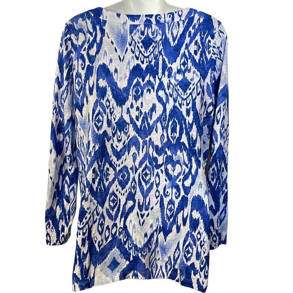 Chicos Womens Ikat Split V Neck 100% Linen Blue Knit Top Long Sleeve White 1/ M - Picture 14 of 16